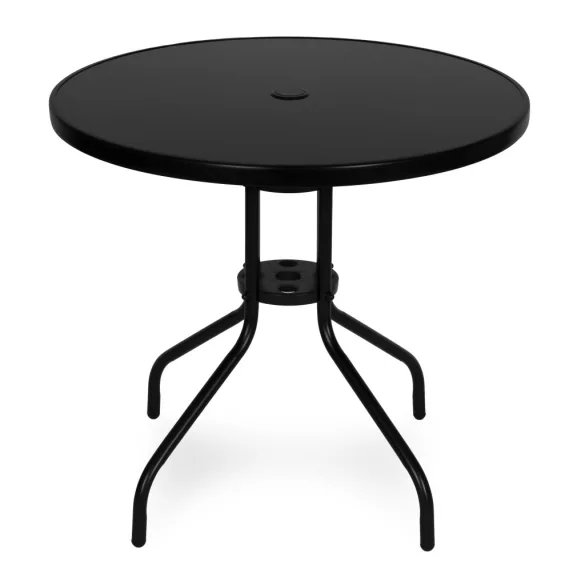 Kerti asztal, MultiGarden SC-072-1, fekete, kerek, átmérő: 80 cm, magasság: 71,5 cm, edzett üveglap, porszórt acél váz, napernyőnyílás (4,5 cm), teherbírás: 60 kg