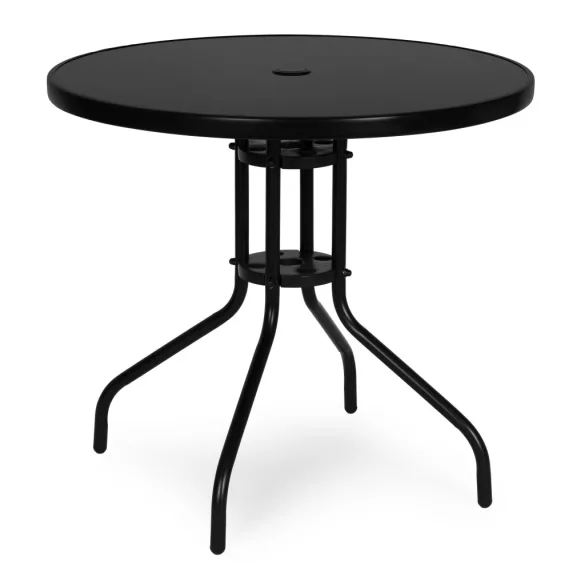 Kerti asztal, MultiGarden SC-072-1, fekete, kerek, átmérő: 80 cm, magasság: 71,5 cm, edzett üveglap, porszórt acél váz, napernyőnyílás (4,5 cm), teherbírás: 60 kg