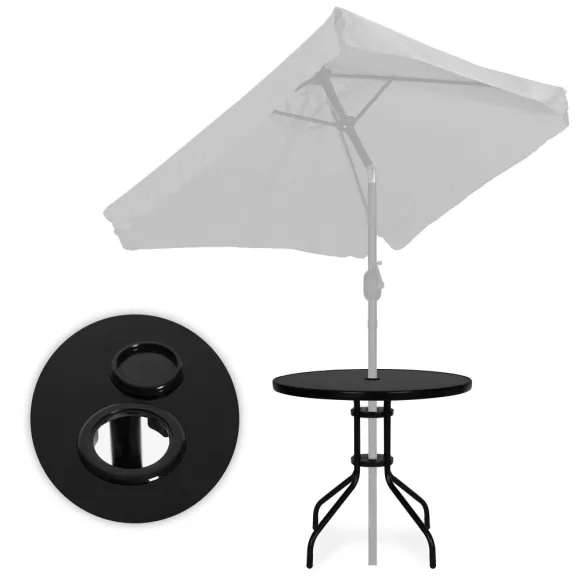 Kerti asztal, MultiGarden SC-072-1, fekete, kerek, átmérő: 80 cm, magasság: 71,5 cm, edzett üveglap, porszórt acél váz, napernyőnyílás (4,5 cm), teherbírás: 60 kg