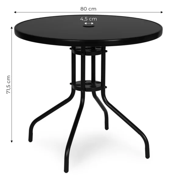 Kerti asztal, MultiGarden SC-072-1, fekete, kerek, átmérő: 80 cm, magasság: 71,5 cm, edzett üveglap, porszórt acél váz, napernyőnyílás (4,5 cm), teherbírás: 60 kg
