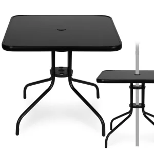 Kerti asztal, MultiGarden SC-073A-1, fekete, 80 x 80 cm, magasság: 71 cm, edzett üveglap, porszórt acél váz, napernyőnyílás (4,5 cm), teherbírás: 60 kg