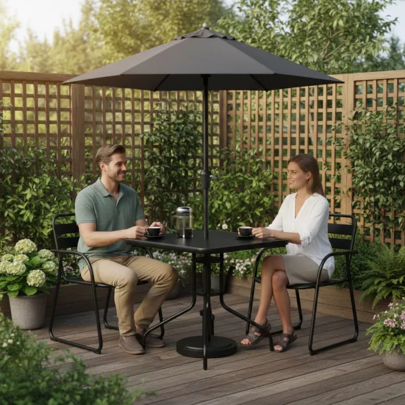 Kerti asztal, MultiGarden SC-073A-1, fekete, 80 x 80 cm, magasság: 71 cm, edzett üveglap, porszórt acél váz, napernyőnyílás (4,5 cm), teherbírás: 60 kg