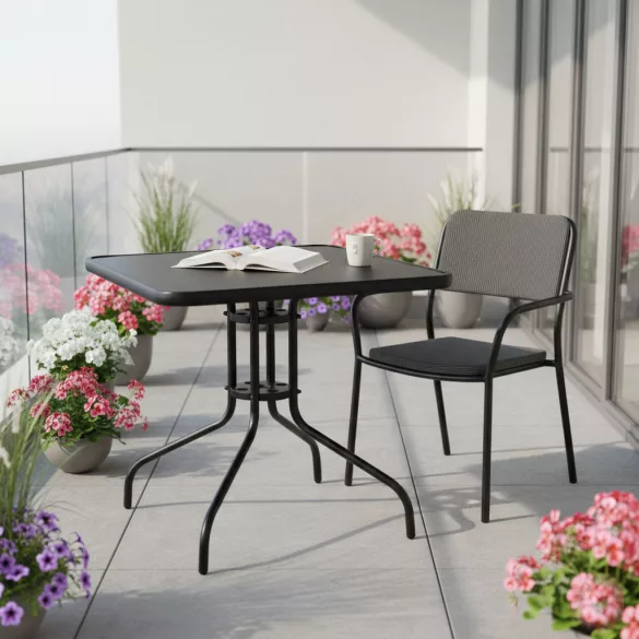 Kerti asztal, MultiGarden SC-073A-1, fekete, 80 x 80 cm, magasság: 71 cm, edzett üveglap, porszórt acél váz, napernyőnyílás (4,5 cm), teherbírás: 60 kg