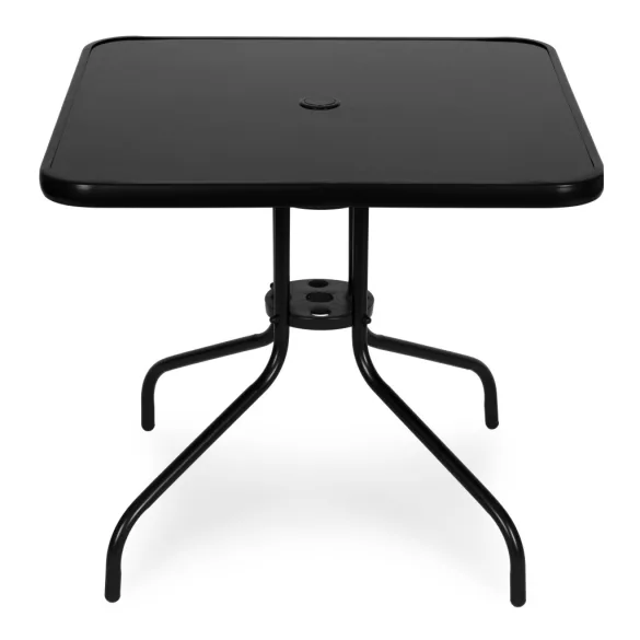 Kerti asztal, MultiGarden SC-073A-1, fekete, 80 x 80 cm, magasság: 71 cm, edzett üveglap, porszórt acél váz, napernyőnyílás (4,5 cm), teherbírás: 60 kg