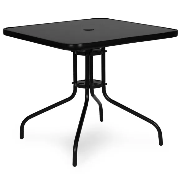 Kerti asztal, MultiGarden SC-073A-1, fekete, 80 x 80 cm, magasság: 71 cm, edzett üveglap, porszórt acél váz, napernyőnyílás (4,5 cm), teherbírás: 60 kg
