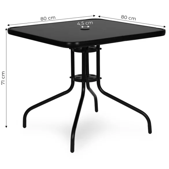 Kerti asztal, MultiGarden SC-073A-1, fekete, 80 x 80 cm, magasság: 71 cm, edzett üveglap, porszórt acél váz, napernyőnyílás (4,5 cm), teherbírás: 60 kg