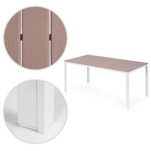 Kerti asztal, MultiGarden SAK-156-3-5, bézs/fehér, 156 x 78 cm, 6 személyes, magasság: 74 cm, fahatású műanyag asztallap, porszórt acél váz, teherbírás: 150 kg