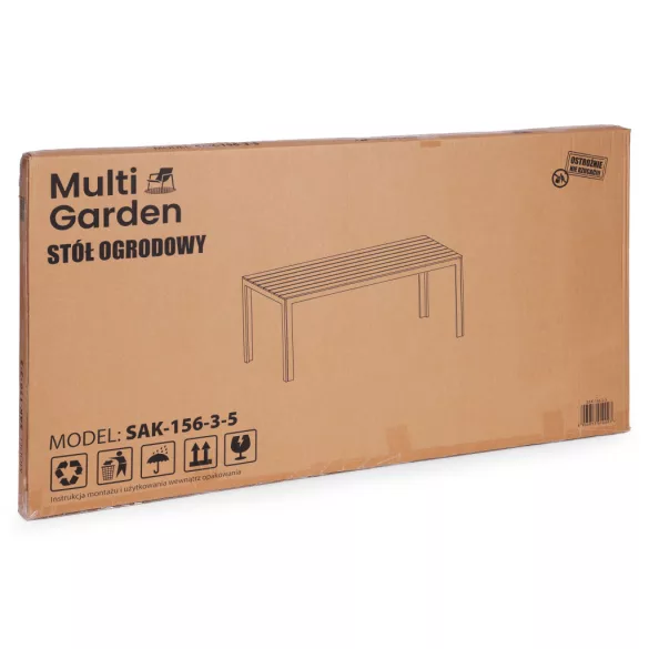 Kerti asztal, MultiGarden SAK-156-3-5, bézs/fehér, 156 x 78 cm, 6 személyes, magasság: 74 cm, fahatású műanyag asztallap, porszórt acél váz, teherbírás: 150 kg