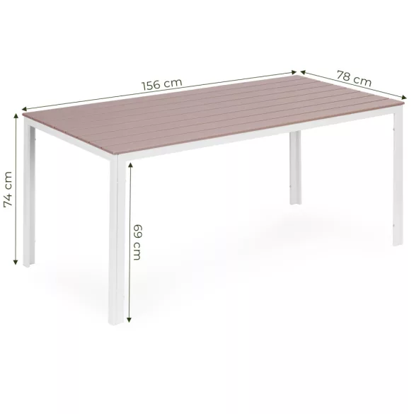 Kerti asztal, MultiGarden SAK-156-3-5, bézs/fehér, 156 x 78 cm, 6 személyes, magasság: 74 cm, fahatású műanyag asztallap, porszórt acél váz, teherbírás: 150 kg