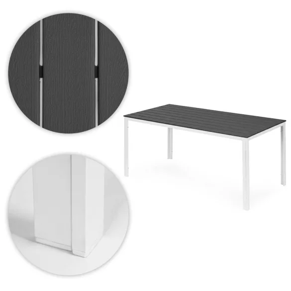 Kerti asztal, MultiGarden SAK-156-4-5, szürke/fehér, 156 x 78 cm, 6 személyes, magasság: 74 cm, fahatású műanyag asztallap, porszórt acél váz, teherbírás: 150 kg