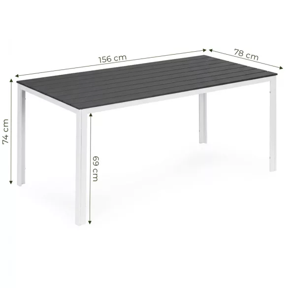 Kerti asztal, MultiGarden SAK-156-4-5, szürke/fehér, 156 x 78 cm, 6 személyes, magasság: 74 cm, fahatású műanyag asztallap, porszórt acél váz, teherbírás: 150 kg