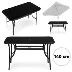   Kerti asztal, MultiGarden SC-094-1, fekete, 140 x 80 cm, magasság: 77 cm, edzett üveglap, porszórt acél váz, napernyőnyílás (4,5 cm), teherbírás: 60 kg