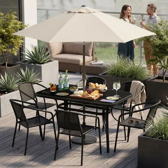 Kerti asztal, MultiGarden SC-094-1, fekete, 140 x 80 cm, magasság: 77 cm, edzett üveglap, porszórt acél váz, napernyőnyílás (4,5 cm), teherbírás: 60 kg