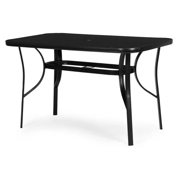 Kerti asztal, MultiGarden SC-094-1, fekete, 140 x 80 cm, magasság: 77 cm, edzett üveglap, porszórt acél váz, napernyőnyílás (4,5 cm), teherbírás: 60 kg