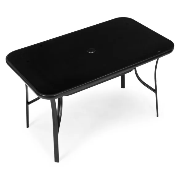 Kerti asztal, MultiGarden SC-094-1, fekete, 140 x 80 cm, magasság: 77 cm, edzett üveglap, porszórt acél váz, napernyőnyílás (4,5 cm), teherbírás: 60 kg