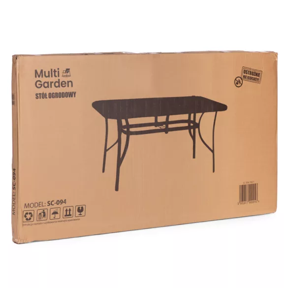 Kerti asztal, MultiGarden SC-094-1, fekete, 140 x 80 cm, magasság: 77 cm, edzett üveglap, porszórt acél váz, napernyőnyílás (4,5 cm), teherbírás: 60 kg