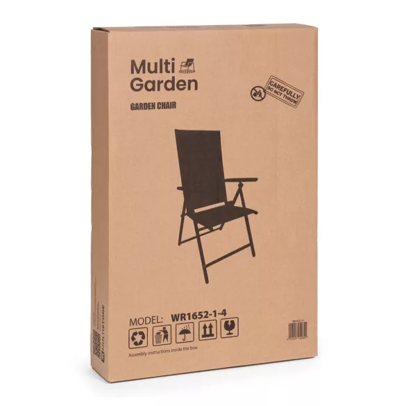 Kerti szék, MultiGarden WR1652-1-4, szürke, 70 × 57 × 106 cm, állítható háttámla (7 fokozat), összecsukható, acél keret, textil, 100 kg teherbírás