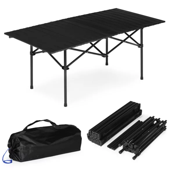 Kerti asztal, MultiGarden XLP150-120-1, fekete, 120 x 55 cm, magasság: 49 cm, összecsukható, szénacél váz, feltekerhető lamellás lap, hordtáskával, teherbírás: 20 kg