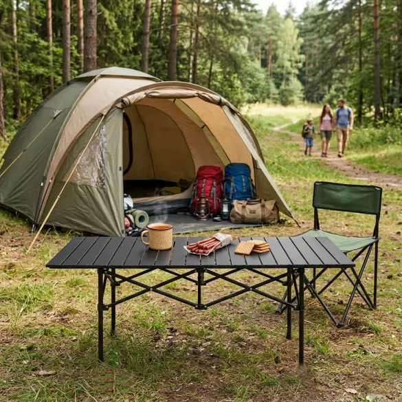 Kerti asztal, MultiGarden XLP150-120-1, fekete, 120 x 55 cm, magasság: 49 cm, összecsukható, szénacél váz, feltekerhető lamellás lap, hordtáskával, teherbírás: 20 kg