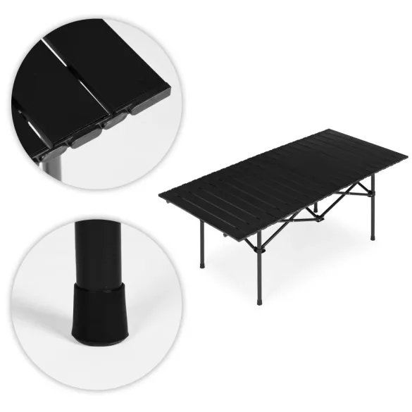 Kerti asztal, MultiGarden XLP150-120-1, fekete, 120 x 55 cm, magasság: 49 cm, összecsukható, szénacél váz, feltekerhető lamellás lap, hordtáskával, teherbírás: 20 kg