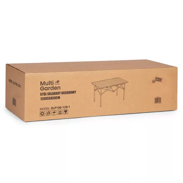 Kerti asztal, MultiGarden XLP150-120-1, fekete, 120 x 55 cm, magasság: 49 cm, összecsukható, szénacél váz, feltekerhető lamellás lap, hordtáskával, teherbírás: 20 kg