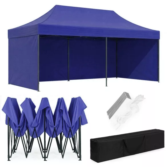 Kerti pavilon, MultiGarden PAW-FGC-3X6-8, kék, 3 x 6 m, 4 oldalfallal, fém vázzal, UV-álló és esőálló 210D PE ponyva, 3,16 m állítható magassággal, hordtáskával