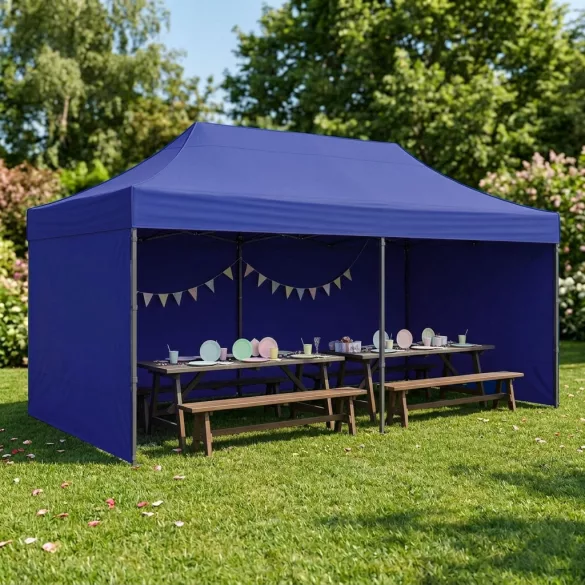 Kerti pavilon, MultiGarden PAW-FGC-3X6-8, kék, 3 x 6 m, 4 oldalfallal, fém vázzal, UV-álló és esőálló 210D PE ponyva, 3,16 m állítható magassággal, hordtáskával