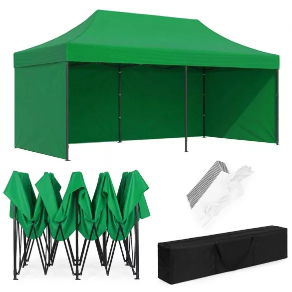 Kerti pavilon, MultiGarden PAW-FGC-3X6-9, zöld, 3 x 6 m, 4 oldalfallal, fém vázzal, UV-álló és esőálló 210D PE ponyva, 3,16 m állítható magassággal, hordtáskával