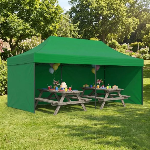 Kerti pavilon, MultiGarden PAW-FGC-3X6-9, zöld, 3 x 6 m, 4 oldalfallal, fém vázzal, UV-álló és esőálló 210D PE ponyva, 3,16 m állítható magassággal, hordtáskával