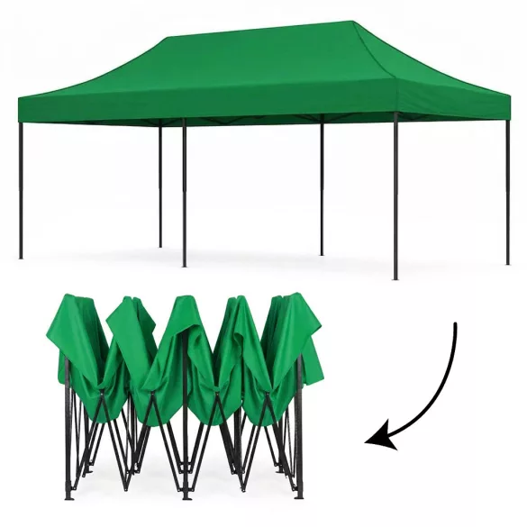 Kerti pavilon, MultiGarden PAW-FGC-3X6-9, zöld, 3 x 6 m, 4 oldalfallal, fém vázzal, UV-álló és esőálló 210D PE ponyva, 3,16 m állítható magassággal, hordtáskával