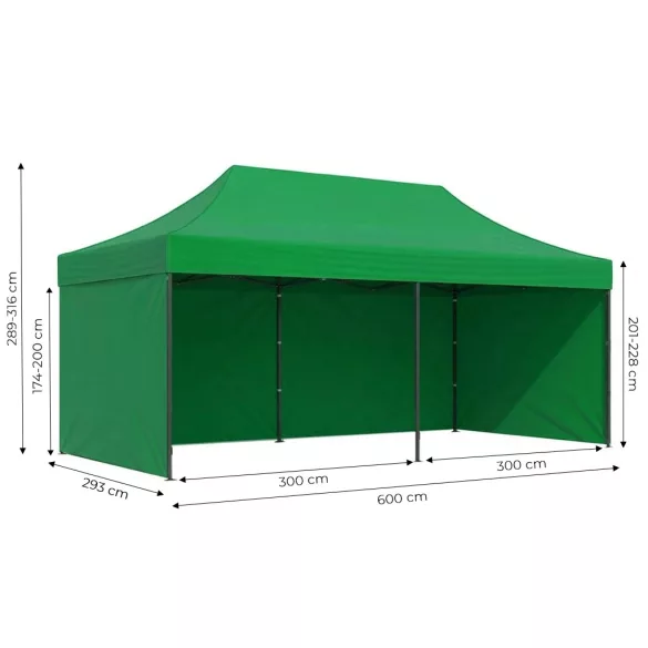 Kerti pavilon, MultiGarden PAW-FGC-3X6-9, zöld, 3 x 6 m, 4 oldalfallal, fém vázzal, UV-álló és esőálló 210D PE ponyva, 3,16 m állítható magassággal, hordtáskával