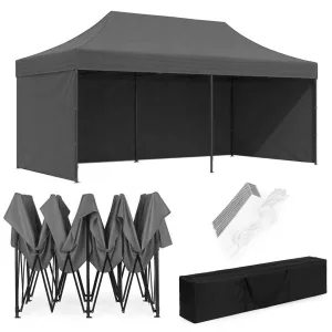 Kerti pavilon, MultiGarden PAW-FGC-3X6-4, szürke, 3 x 6 m, 4 oldalfallal, fém vázzal, UV-álló és esőálló 210D PE ponyva, 3,16 m állítható magassággal, hordtáskával