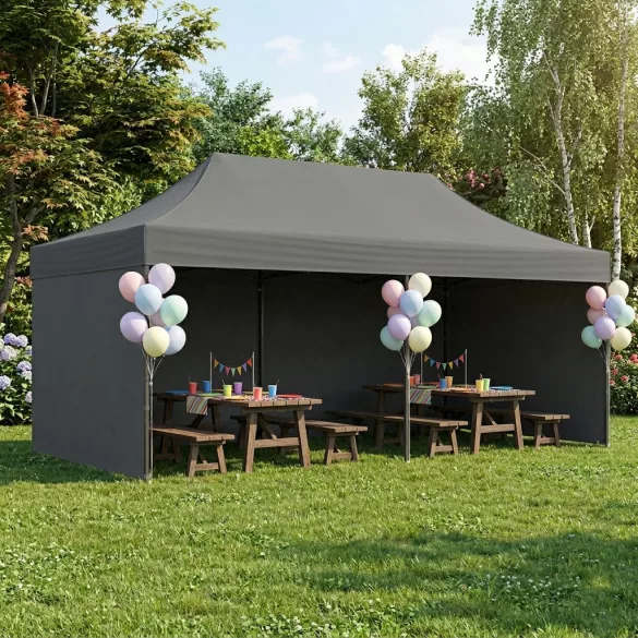 Kerti pavilon, MultiGarden PAW-FGC-3X6-4, szürke, 3 x 6 m, 4 oldalfallal, fém vázzal, UV-álló és esőálló 210D PE ponyva, 3,16 m állítható magassággal, hordtáskával