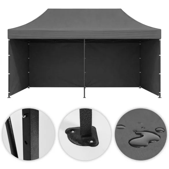 Kerti pavilon, MultiGarden PAW-FGC-3X6-4, szürke, 3 x 6 m, 4 oldalfallal, fém vázzal, UV-álló és esőálló 210D PE ponyva, 3,16 m állítható magassággal, hordtáskával