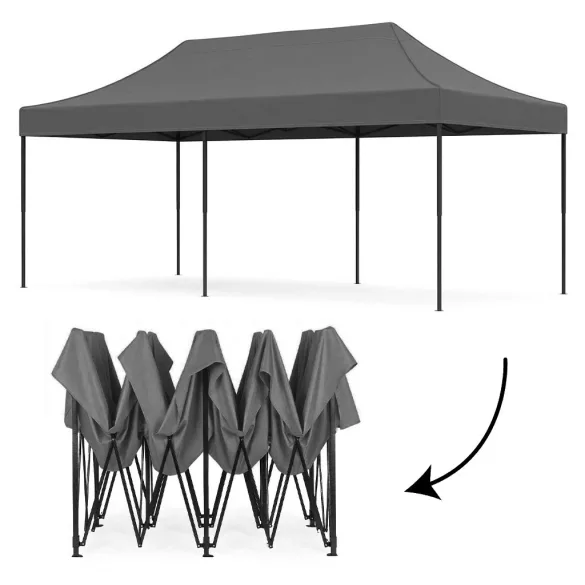 Kerti pavilon, MultiGarden PAW-FGC-3X6-4, szürke, 3 x 6 m, 4 oldalfallal, fém vázzal, UV-álló és esőálló 210D PE ponyva, 3,16 m állítható magassággal, hordtáskával