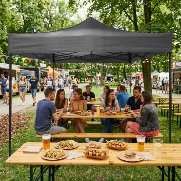 Kerti pavilon, MultiGarden PAW-FGA-3X3-4, szürke, 3 x 3 m, 4 oldalfallal, fém vázzal, UV-álló és esőálló 210D PE ponyva, 3,13 m állítható magassággal, hordtáskával