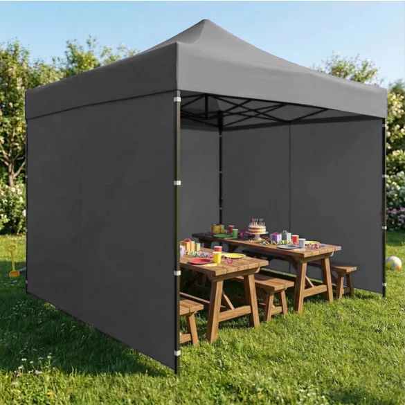 Kerti pavilon, MultiGarden PAW-FGA-3X3-4, szürke, 3 x 3 m, 4 oldalfallal, fém vázzal, UV-álló és esőálló 210D PE ponyva, 3,13 m állítható magassággal, hordtáskával