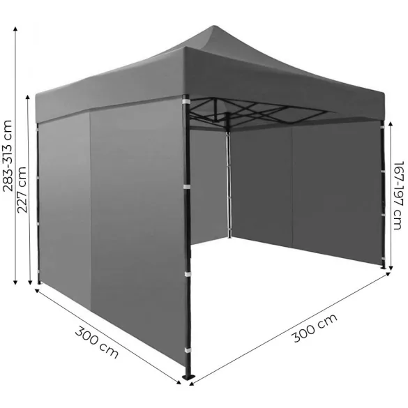Kerti pavilon, MultiGarden PAW-FGA-3X3-4, szürke, 3 x 3 m, 4 oldalfallal, fém vázzal, UV-álló és esőálló 210D PE ponyva, 3,13 m állítható magassággal, hordtáskával