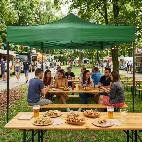 Kerti pavilon, MultiGarden PAW-FGA-3X3-9, zöld, 3 x 3 m, 4 oldalfallal, fém vázzal, UV-álló és esőálló 210D PE ponyva, 3,13 m állítható magassággal, hordtáskával