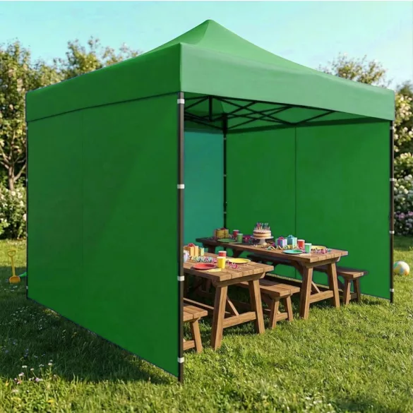 Kerti pavilon, MultiGarden PAW-FGA-3X3-9, zöld, 3 x 3 m, 4 oldalfallal, fém vázzal, UV-álló és esőálló 210D PE ponyva, 3,13 m állítható magassággal, hordtáskával