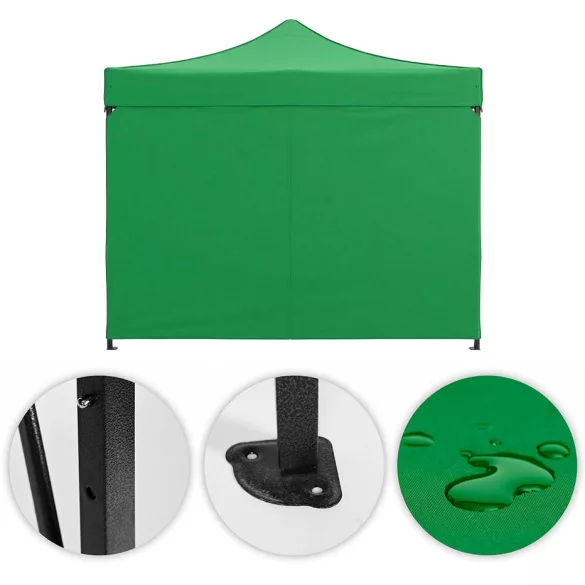 Kerti pavilon, MultiGarden PAW-FGA-3X3-9, zöld, 3 x 3 m, 4 oldalfallal, fém vázzal, UV-álló és esőálló 210D PE ponyva, 3,13 m állítható magassággal, hordtáskával