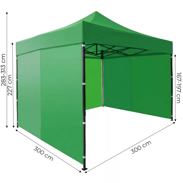 Kerti pavilon, MultiGarden PAW-FGA-3X3-9, zöld, 3 x 3 m, 4 oldalfallal, fém vázzal, UV-álló és esőálló 210D PE ponyva, 3,13 m állítható magassággal, hordtáskával