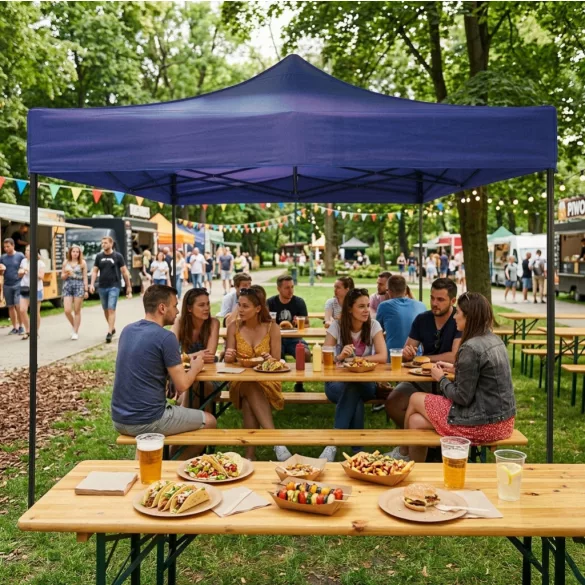 Kerti pavilon, MultiGarden PAW-FGA-3X3-8, kék, 3 x 3 m, 4 oldalfallal, fém vázzal, UV-álló és esőálló 210D PE ponyva, 3,13 m állítható magassággal, hordtáskával