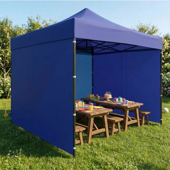Kerti pavilon, MultiGarden PAW-FGA-3X3-8, kék, 3 x 3 m, 4 oldalfallal, fém vázzal, UV-álló és esőálló 210D PE ponyva, 3,13 m állítható magassággal, hordtáskával