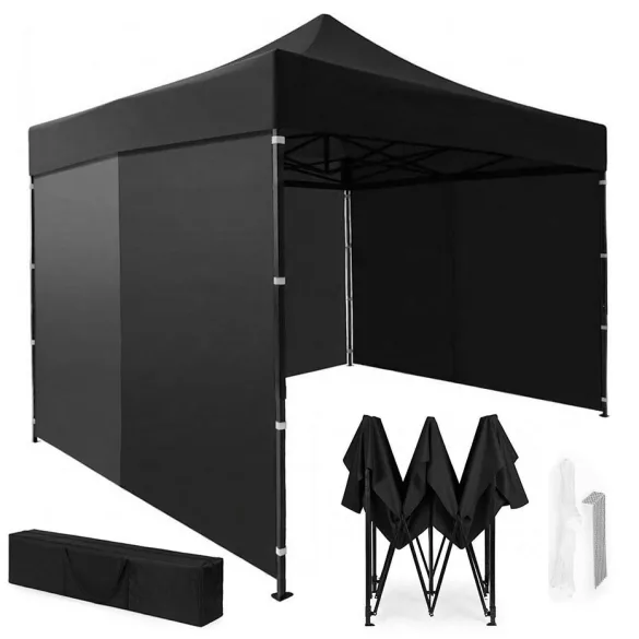 Kerti pavilon, MultiGarden PAW-FGA-3X3-1, fekete, 3 x 3 m, 4 oldalfallal, fém vázzal, UV-álló és esőálló 210D PE ponyva, 3,13 m állítható magassággal, hordtáskával