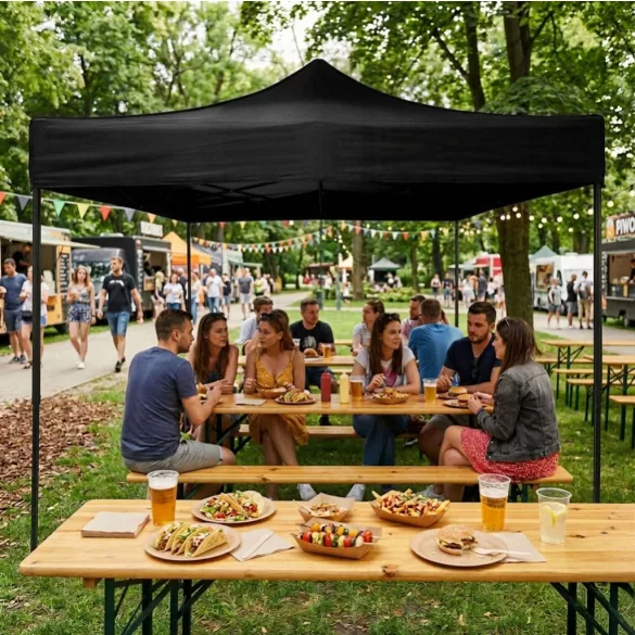 Kerti pavilon, MultiGarden PAW-FGA-3X3-1, fekete, 3 x 3 m, 4 oldalfallal, fém vázzal, UV-álló és esőálló 210D PE ponyva, 3,13 m állítható magassággal, hordtáskával