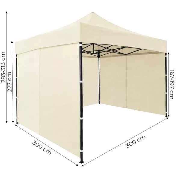 Kerti pavilon, MultiGarden PAW-FGA-3X3-3, bézs, 3 x 3 m, 4 oldalfallal, fém vázzal, UV-álló és esőálló 210D PE ponyva, 3,13 m állítható magassággal, hordtáskával