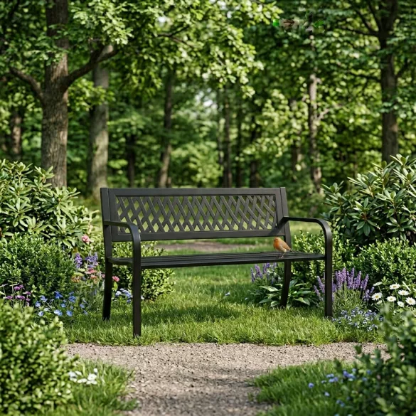 Kerti pad, MultiGarden WYI-XG201, fekete, 120 x 50 x 75,5 cm, porfestett acél, háttámlával, időjárásálló, teherbírás: 260 kg