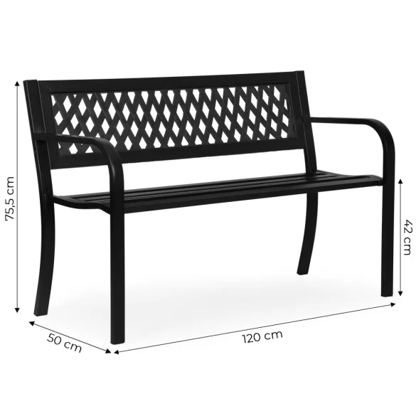 Kerti pad, MultiGarden WYI-XG201, fekete, 120 x 50 x 75,5 cm, porfestett acél, háttámlával, időjárásálló, teherbírás: 260 kg