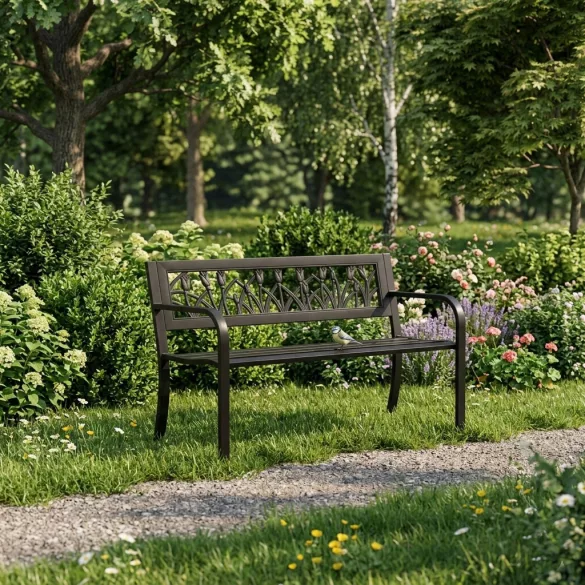Kerti pad, MultiGarden WYI-XG279, fekete, 120 x 50 x75,5 cm, porfestett acél, háttámlával, virágmintás motívumokkal, teherbírás: 260 kg